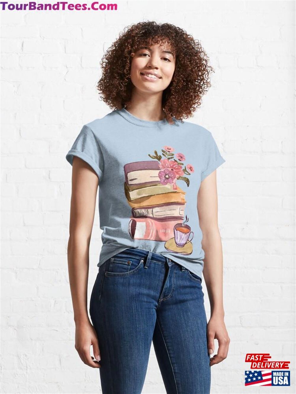 Books Flowers And Tea Cup Stickers Cute Watercolor Classic T-Shirt Unisex 29Uf098147 – Utopia Fashion