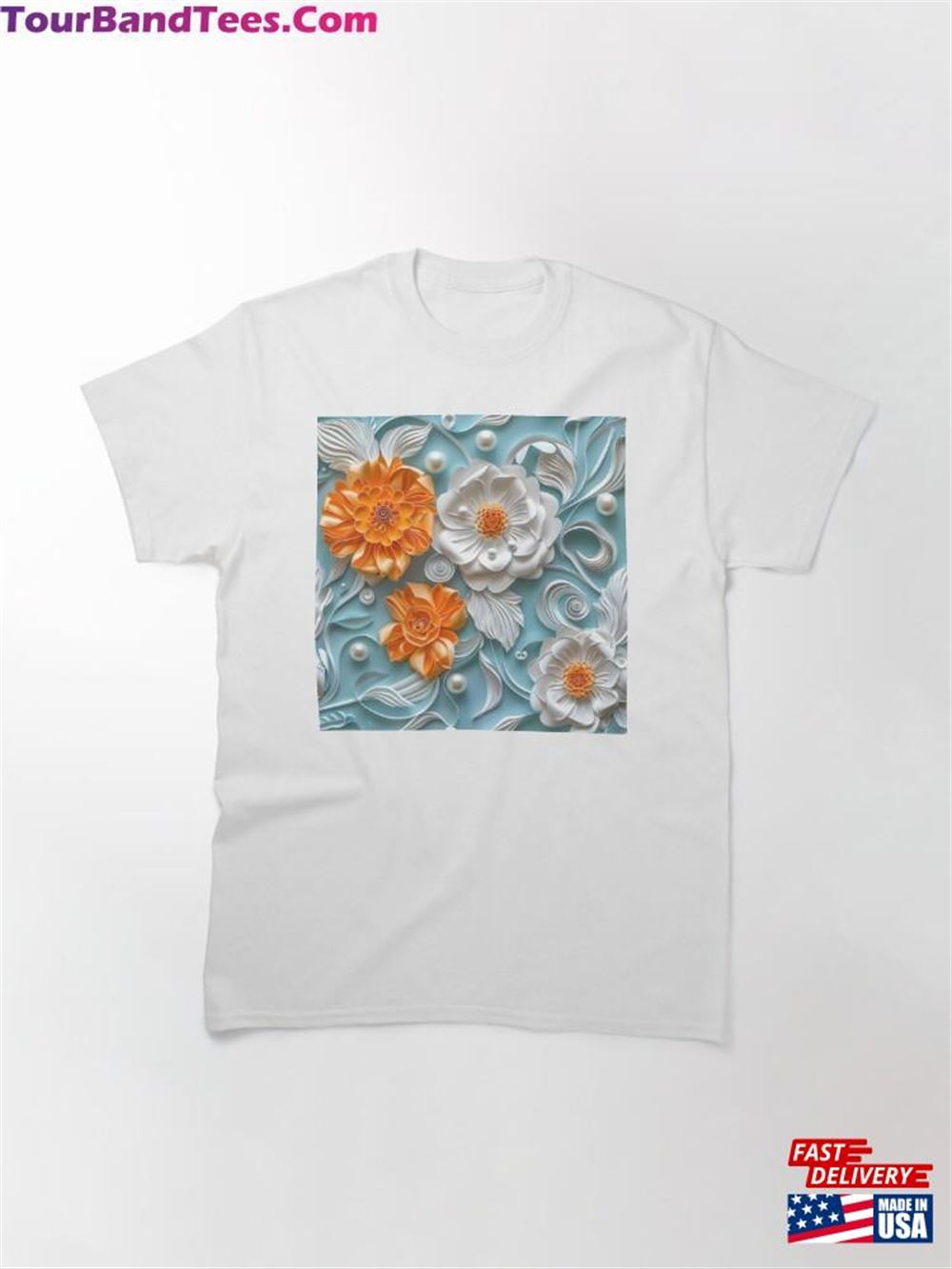 Bright Orange Teal And White Pearl Flowers Classic T-Shirt Unisex 29Uf096838 – Utopia Fashion