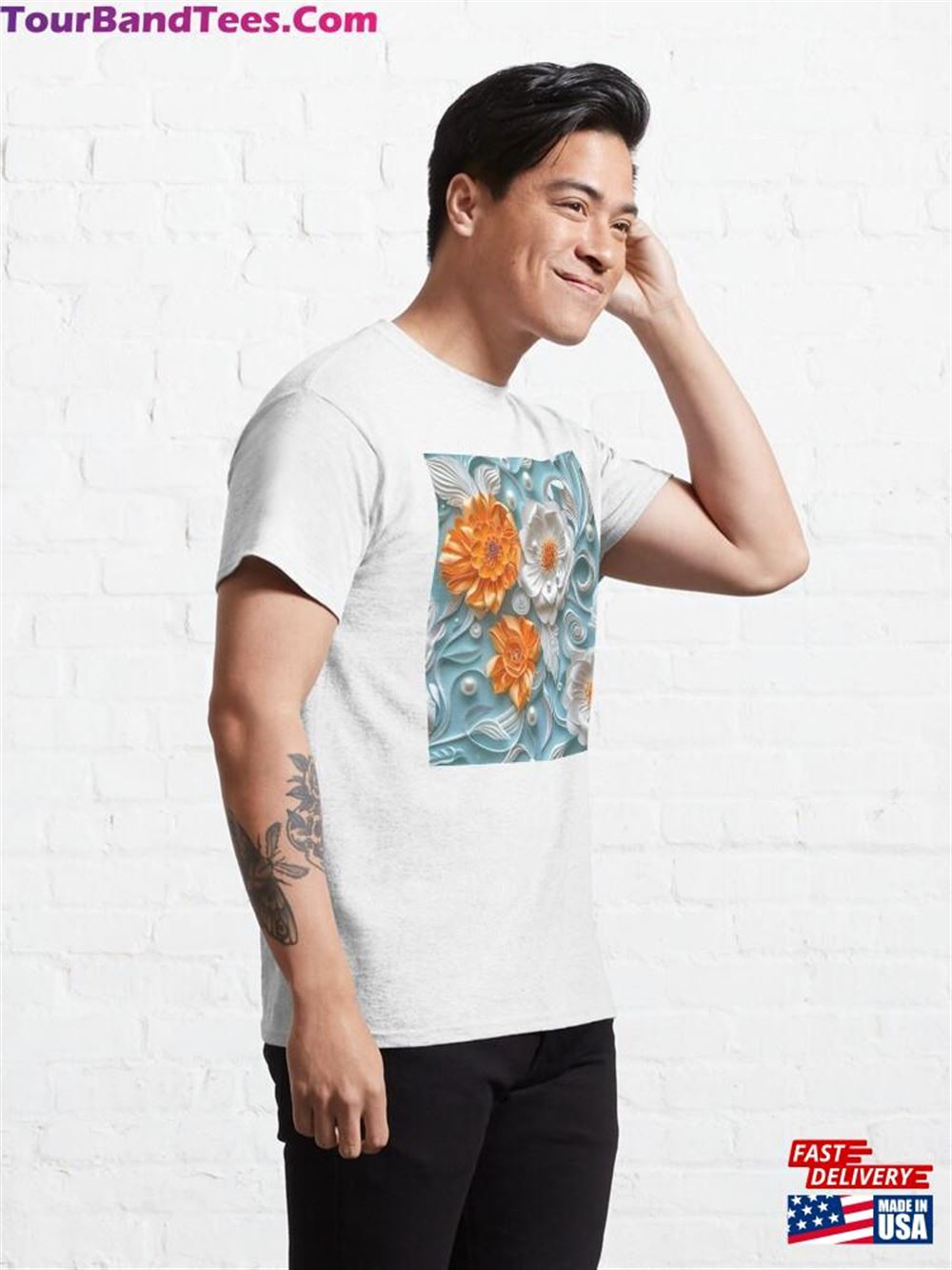 Bright Orange Teal And White Pearl Flowers Classic T-Shirt Unisex 29Uf096838 – Utopia Fashion