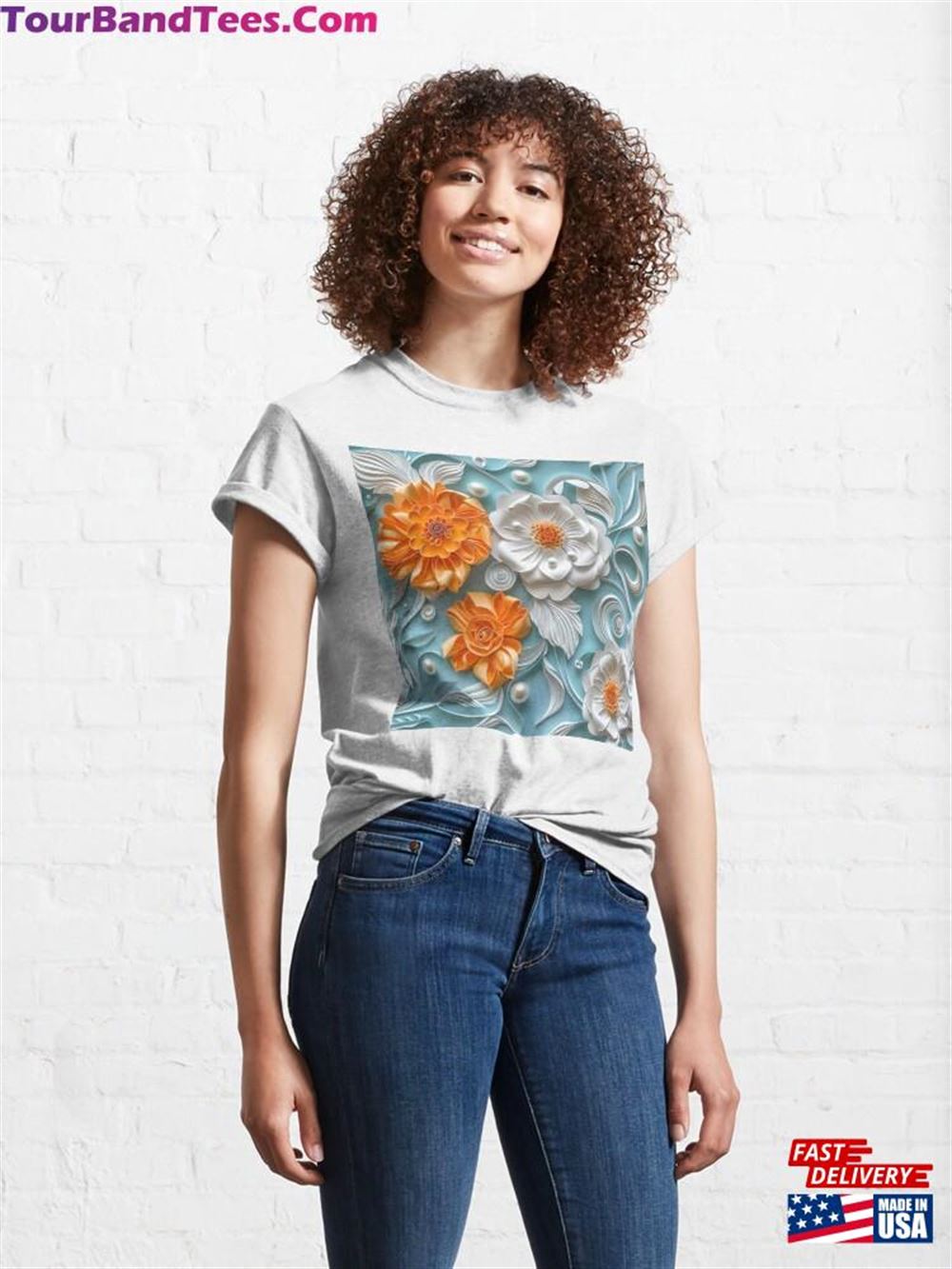 Bright Orange Teal And White Pearl Flowers Classic T-Shirt Unisex 29Uf096838 – Utopia Fashion