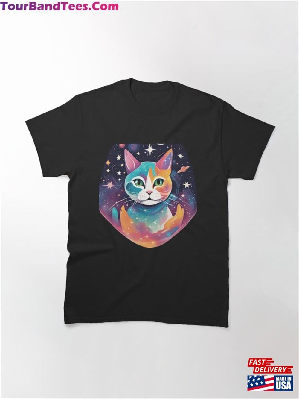 Cute Cat With Stars And Planets In The Background Classic T-Shirt Unisex 29Uf106246 – Utopia Fashion