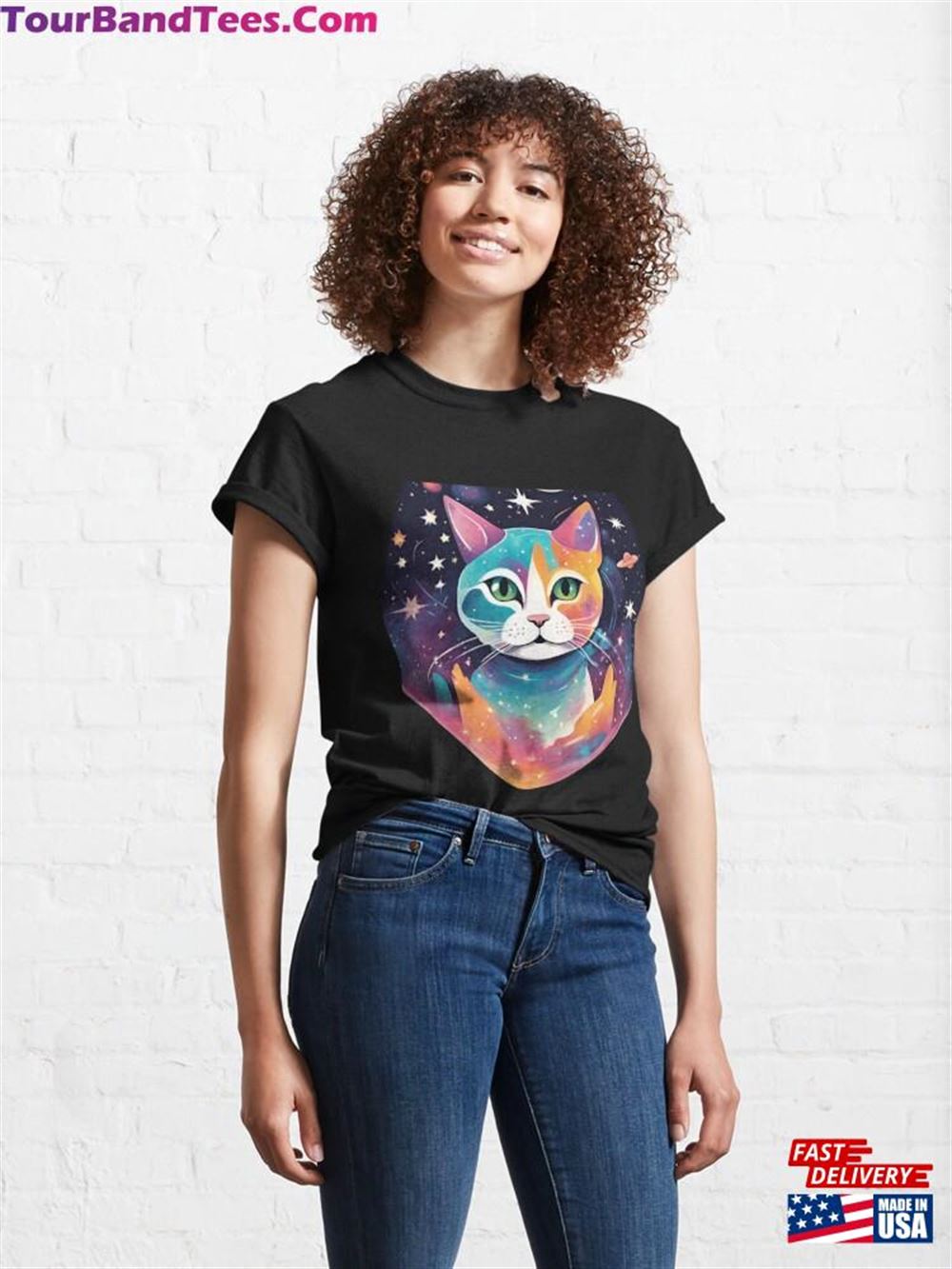 Cute Cat With Stars And Planets In The Background Classic T-Shirt Unisex 29Uf106246 – Utopia Fashion