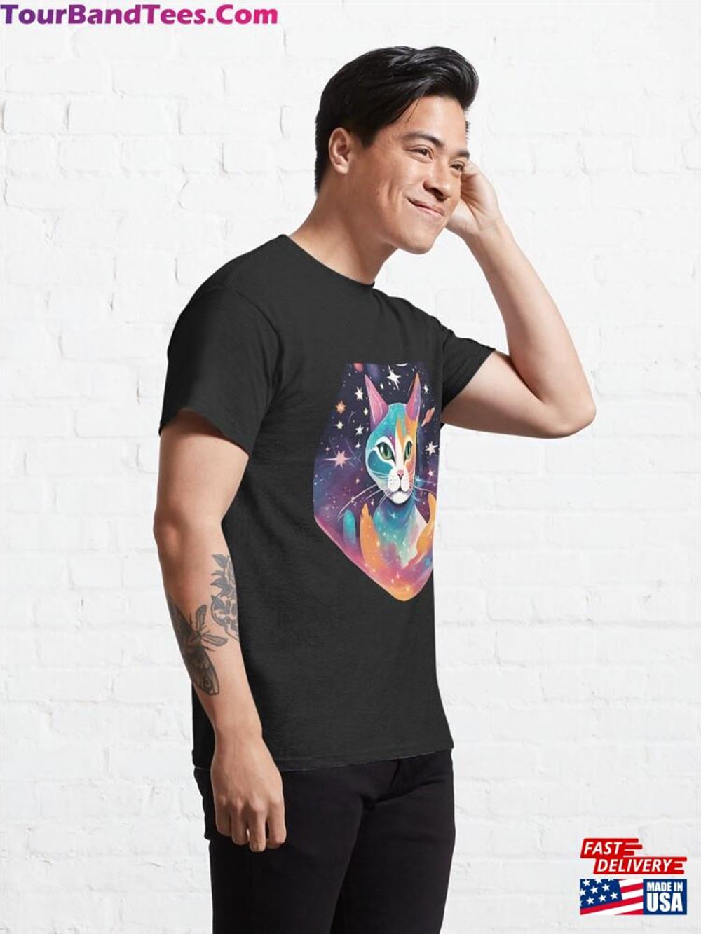 Cute Cat With Stars And Planets In The Background Classic T-Shirt Unisex 29Uf106246 – Utopia Fashion