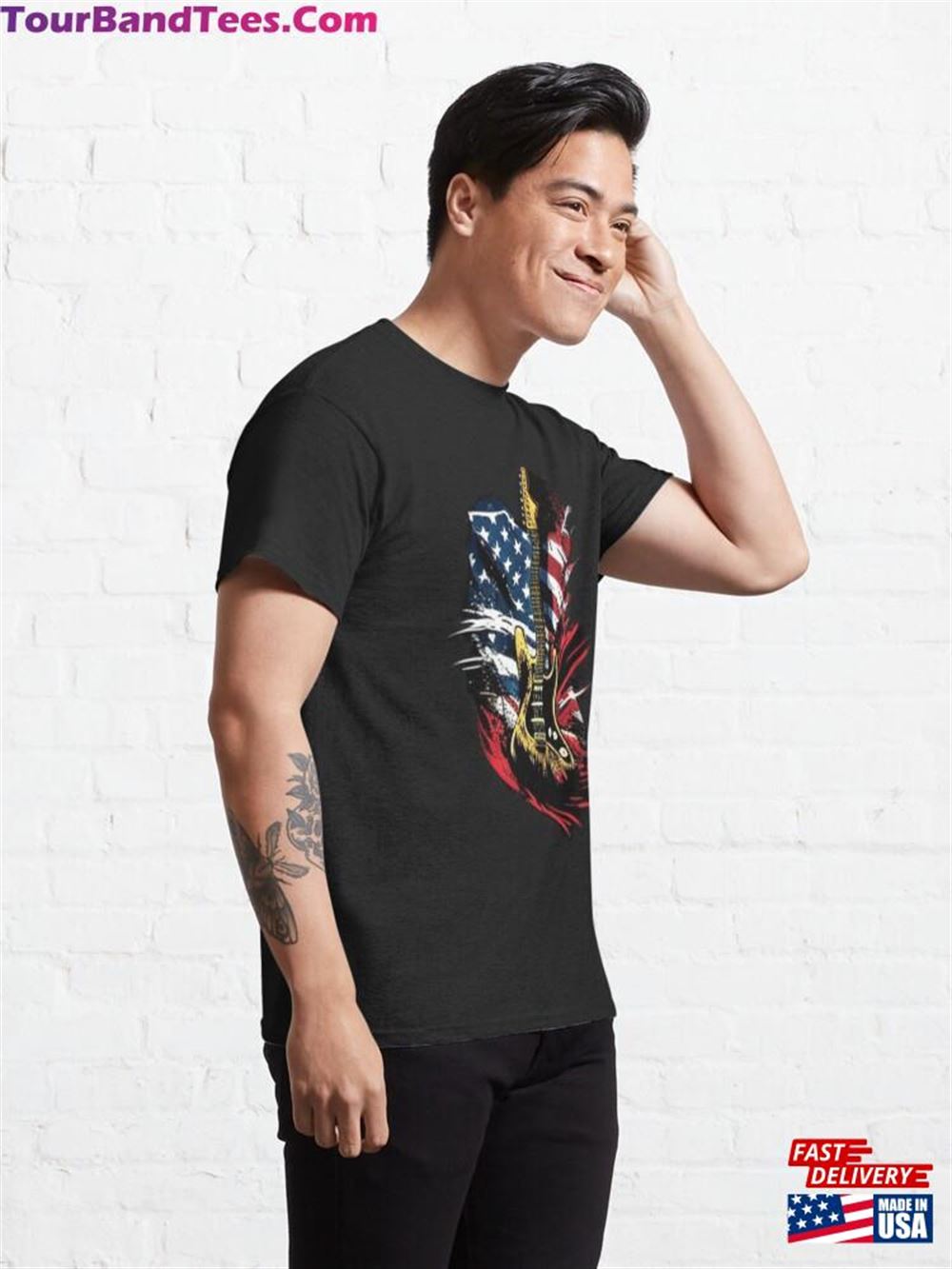 Guitar Drawing On American Flag Background Classic T-Shirt Hoodie Sweatshirt 29Uf112661 – Utopia Fashion