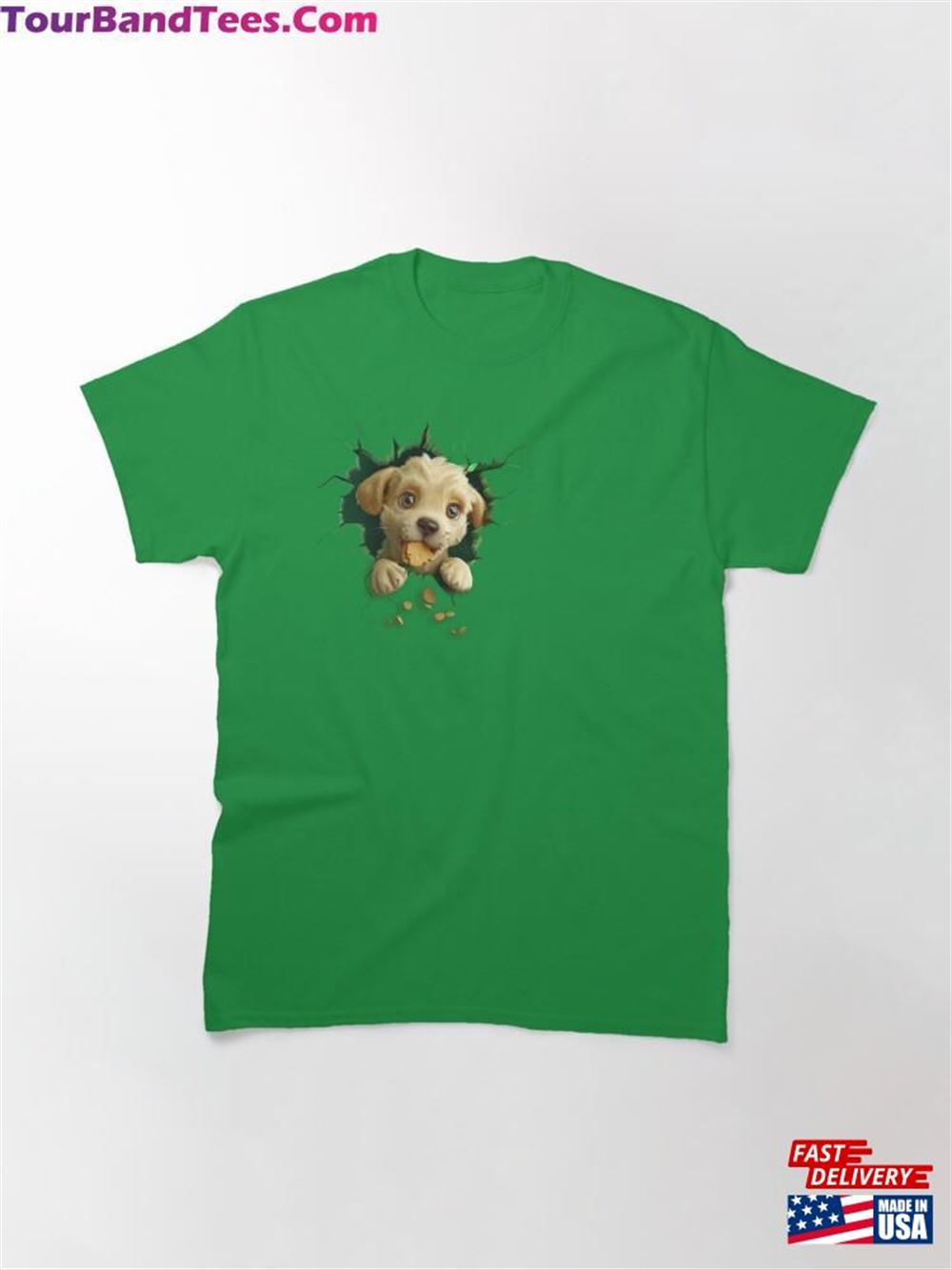 Happy Playful Puppy With Food Comes Out Of Wall Classic T-Shirt 29Uf116361 – Utopia Fashion