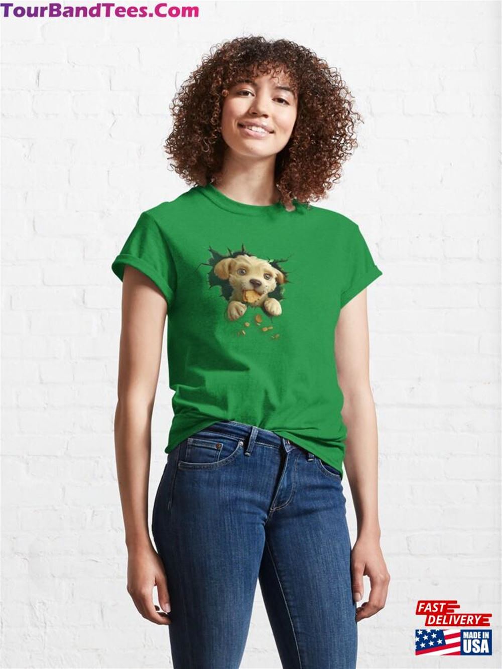 Happy Playful Puppy With Food Comes Out Of Wall Classic T-Shirt 29Uf116361 – Utopia Fashion