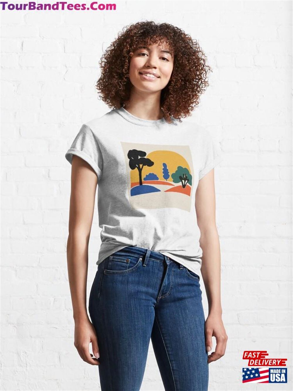 Playful French Countryside Landscape Art Mid Century Inspired Blue Yellow Green Black By Carraann Pattern No Classic T-Shirt Unisex 29Uf117707 – Utopia Fashion